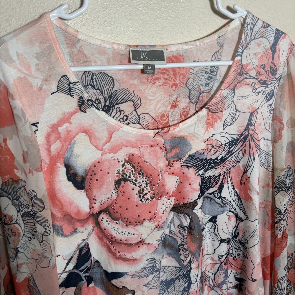 JM Collection Blouse Women's Medium Floral 3/4 Sleeve Round Neck Boho Top - Picture 3 of 8